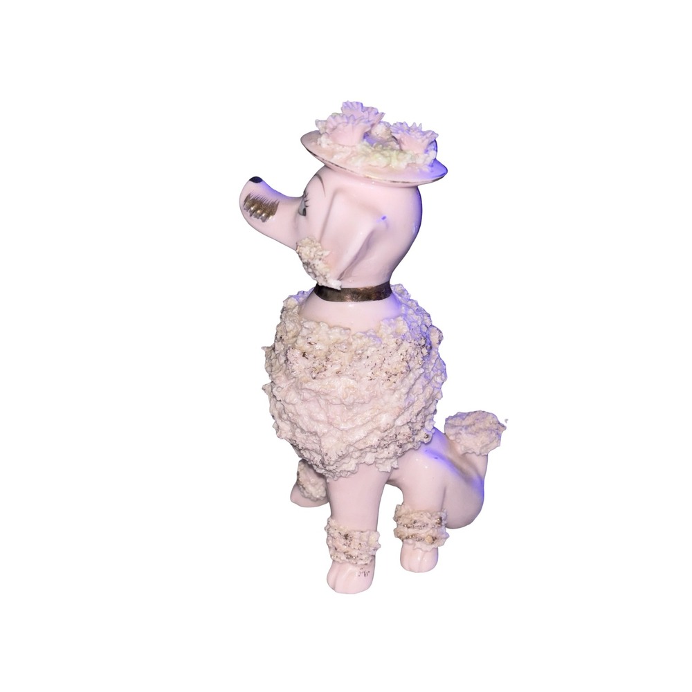 Vintage 1950s Pink Spaghetti Poodle Porcelain Figurine Gold Trim Floral Hat 7" - Picture 3 of 6